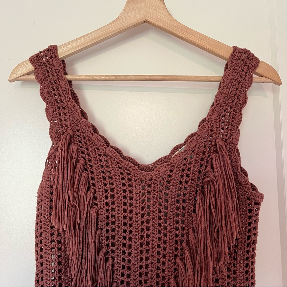 Gimmick Dark Pink Mauve Purple Crochet Fringe Tassel Boho Hippie Tank Top